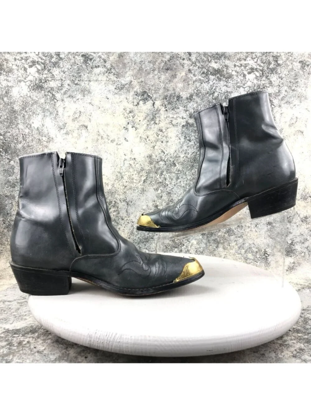 Acme VTG Mens Size 11D Dark Grey Gold Metal Toe Caps Side Zip Cowboy Ankle Boots